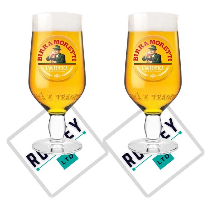 ROXLEY X2 MORETTI NUCLEATED HALF GLASSES 28CL ALSO COMES WITH 2 BRANDED BEER MATS