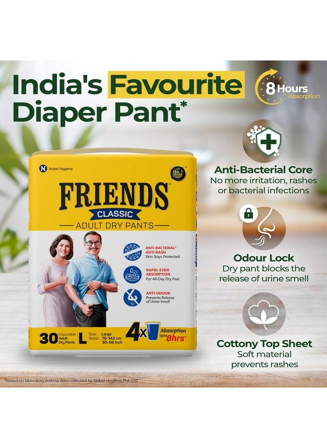 Friends Classic Adult Diapers Pants Style - 30 Count (Large) with odour lock, Unisex, Leakproof, Elastic Waist and Anti-Bacterial Absorbent Core - Waist Size 30-56 inch; 76-142 cm - pzsku/Z1C9AC255171E6EDA9E51Z/45/_/1738305523/ce41e6f1-d6e2-402f-a278-2c66235e79b3