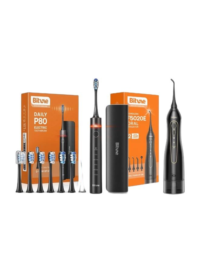 Bitvae P80 Ultra Sonic Toothbrush With 8 Heads , Pressure Sensor , Timer , Etc.. & Bitvae F5020E Dental Water Flosser for Teeth Cordless 300ml Oral Irrigator with Strong Water Pressure 3 Cleaning Modes 7 Multifunctional Jet Tips IPX7 Waterproof Available in 2 Colors Bundle - Image 1