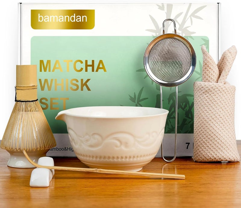 bamandan Matcha Whisk Set, Ceramic Matcha Set Kit, 7 Pcs Includes Bowl, Whisk and Holder, Bamboo Scoop, Scoop Rest, Strainer and Tea Towel （Freedom White） - Image 1
