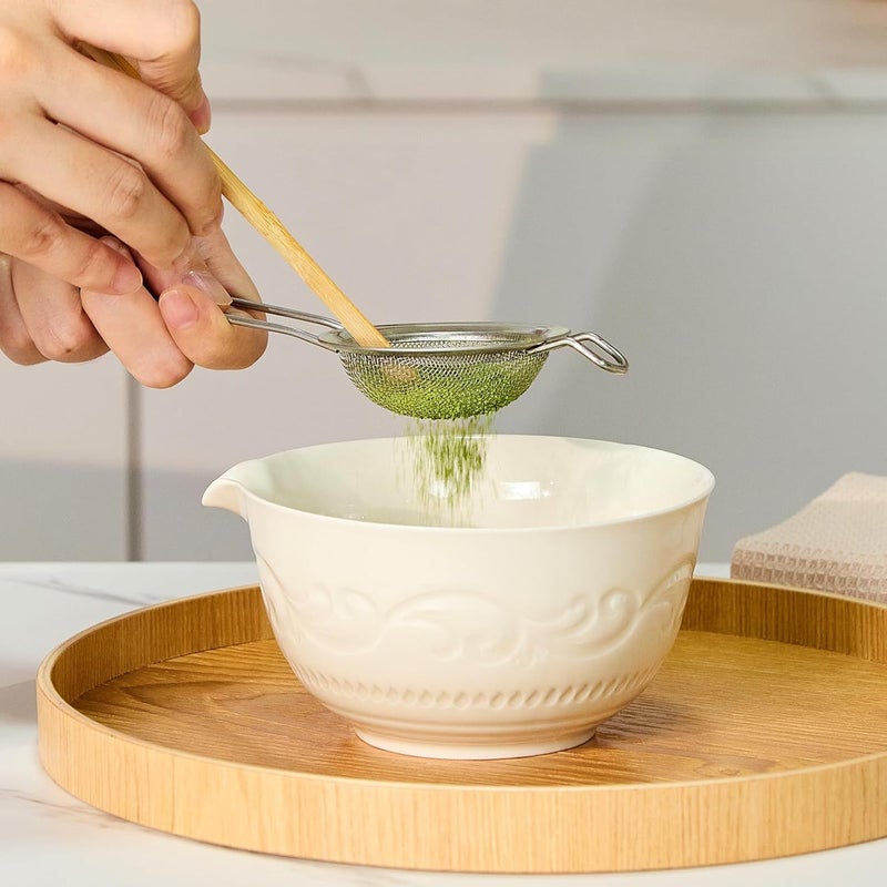bamandan Matcha Whisk Set, Ceramic Matcha Set Kit, 7 Pcs Includes Bowl, Whisk and Holder, Bamboo Scoop, Scoop Rest, Strainer and Tea Towel （Freedom White） - Image 5