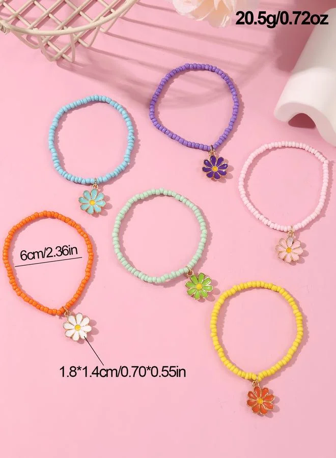 Take Two  Pack of 6 - Girls Multi-Color Beaded Bracelets with Flower Charms for Women | Best Price UAE