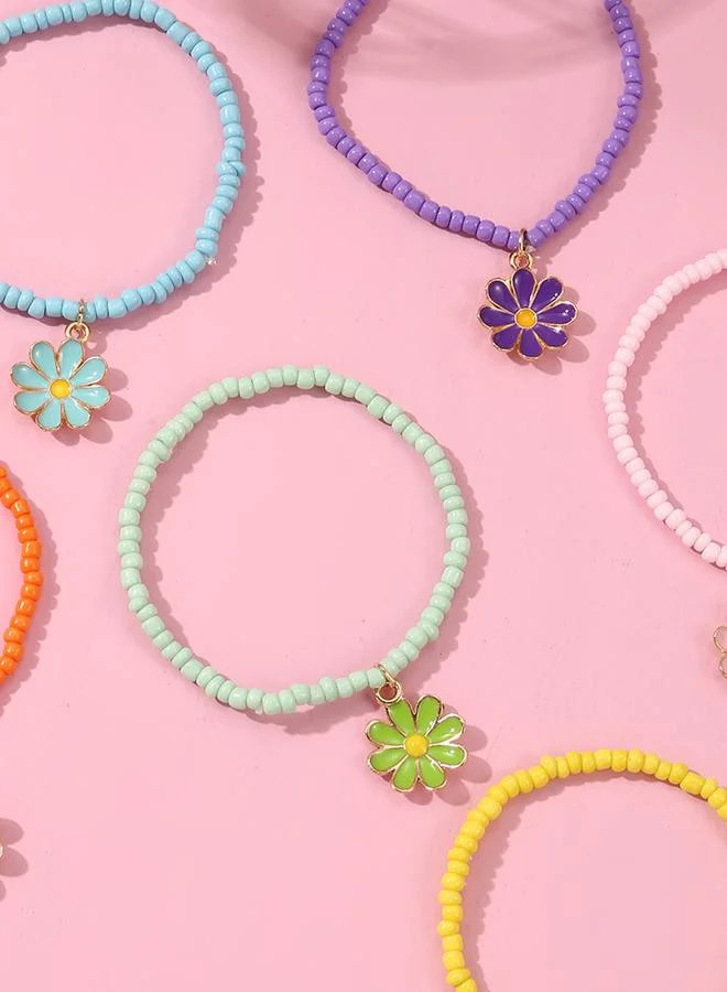 Take Two  Pack of 6 - Girls Multi-Color Beaded Bracelets with Flower Charms for Women | Best Price UAE