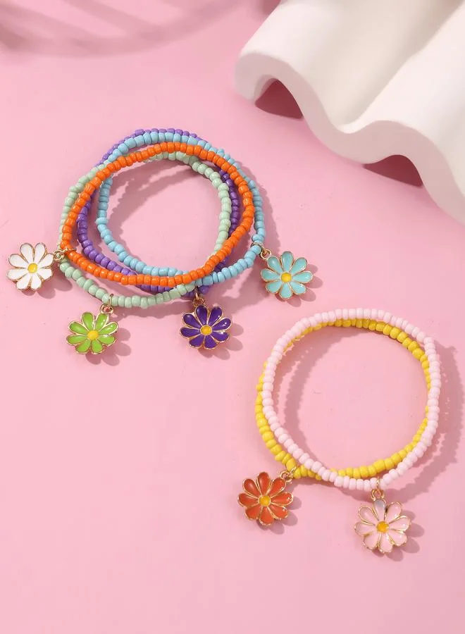 Take Two  Pack of 6 - Girls Multi-Color Beaded Bracelets with Flower Charms for Women | Best Price UAE