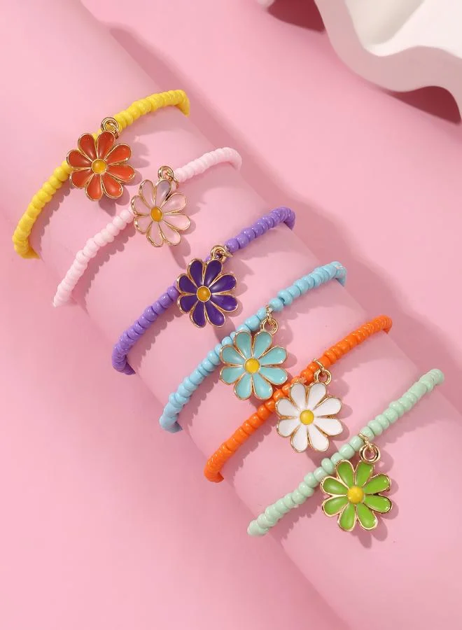 Pack of 6 - Girls Multi-Color Beaded Bracelets with Flower Charms