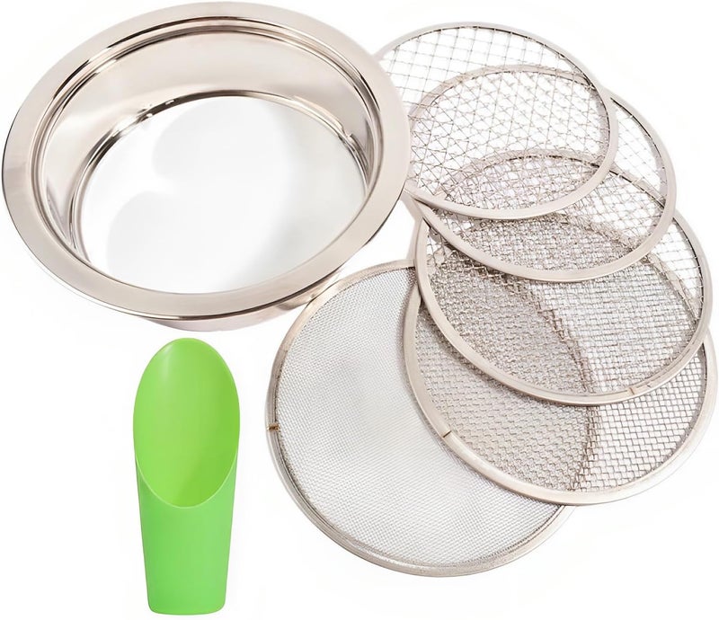 مصفاة تربة مكونة من 6 قطع، من الفولاذ المقاوم للصدأ، مزودة بـ 5 أدوات تصفية ذات شبكات مختلفة الأحجام (1، 3، 6، 9، 12 مم)، لفصل الحصى والرمل، تشمل صينية التصفية ومجرفة بلاستيكية. - Image 1
