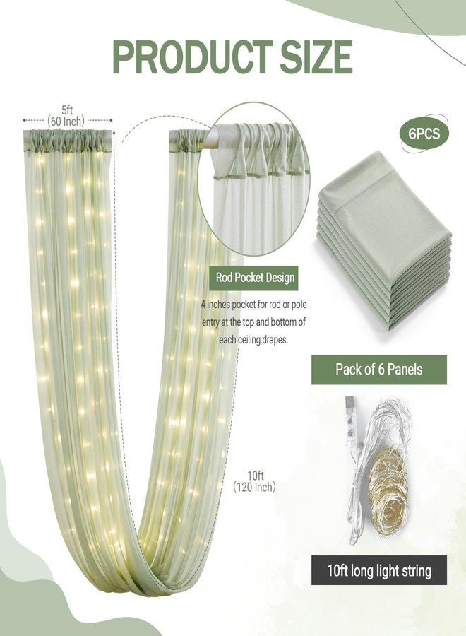 Shillance 6 Panels Sage Green Ceiling Drapes with 60 Warm White LED Lights, 5ft x 10ft Each, Indoor & Outdoor, Wedding & Party Ceiling Drapes - Image 5
