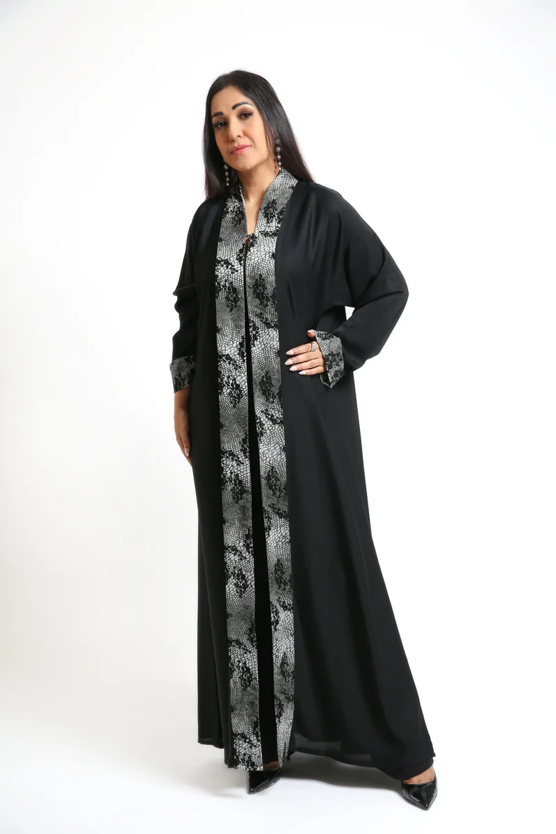 Nikias Black Nida Everyday Abaya with Printed Folded Detail
