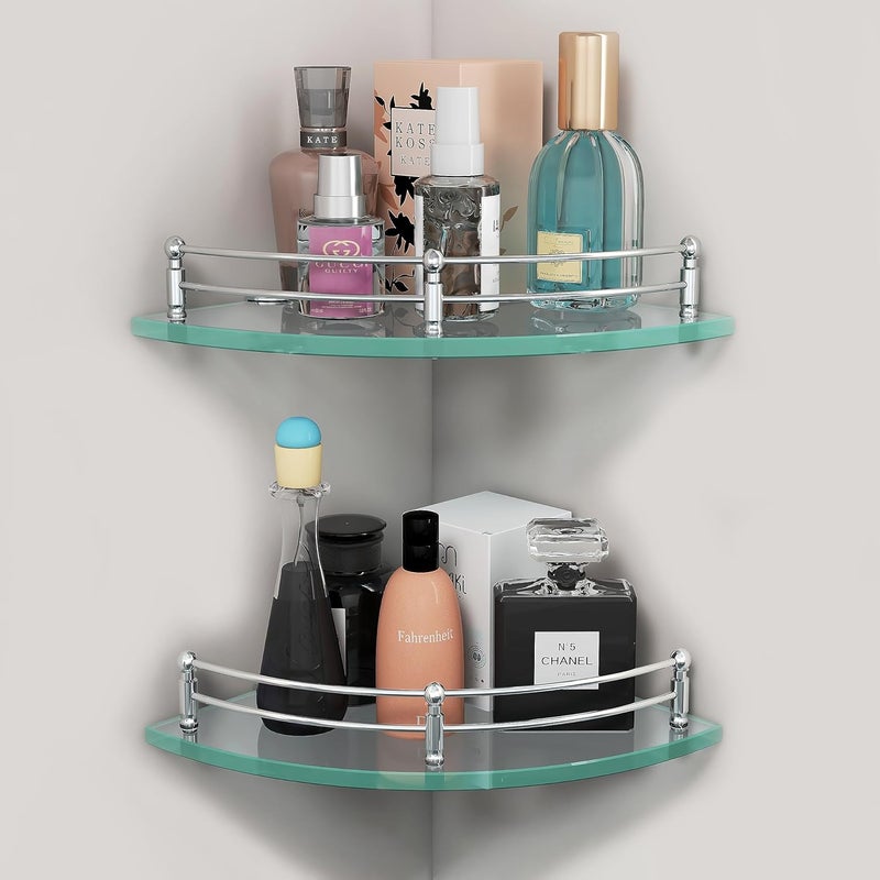 plantex Plantex Premium Transparent Corner Glass Shelf for BathroomWall Mounted ShelfLiving Room Storage Organizer 12 x 12 Inches Pack of 2 - Image 1