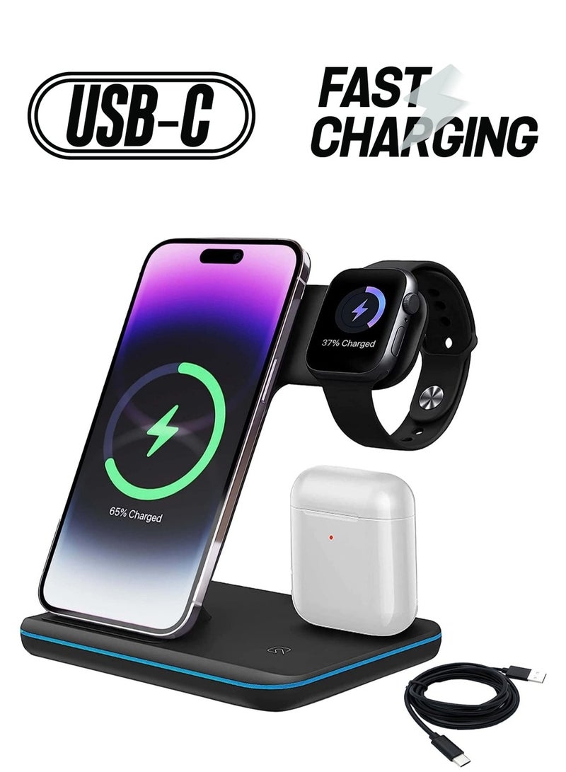 ELTRAZONE Wireless Charger-3 in 1 Charging Station with USB Data Cable Charging Station for iPhone 14/13/12/11 Pro/XS, Air Pods 3/2/1/pro, iWatch Series, Samsung and Qi-Certified Phones  - Image 1