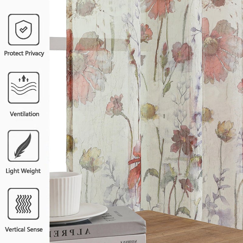 OWENIE Crushed Kitchen Window Curtains 45 Inches Length 2 Panels, Elegant Farmhouse Printed Short Semi Sheer Curtains for Cafe Bathroom Bedroom, Light Filtering Rod Pocket Curtain, 42Wx45L inch - Image 2