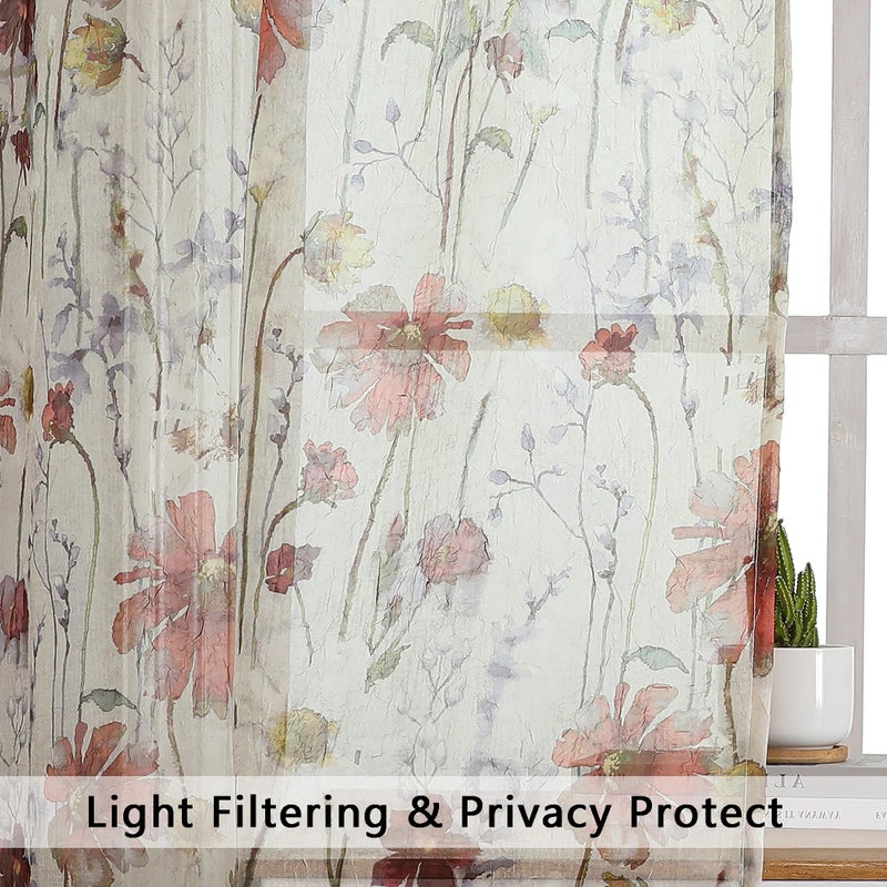 OWENIE Crushed Kitchen Window Curtains 45 Inches Length 2 Panels, Elegant Farmhouse Printed Short Semi Sheer Curtains for Cafe Bathroom Bedroom, Light Filtering Rod Pocket Curtain, 42Wx45L inch - Image 4