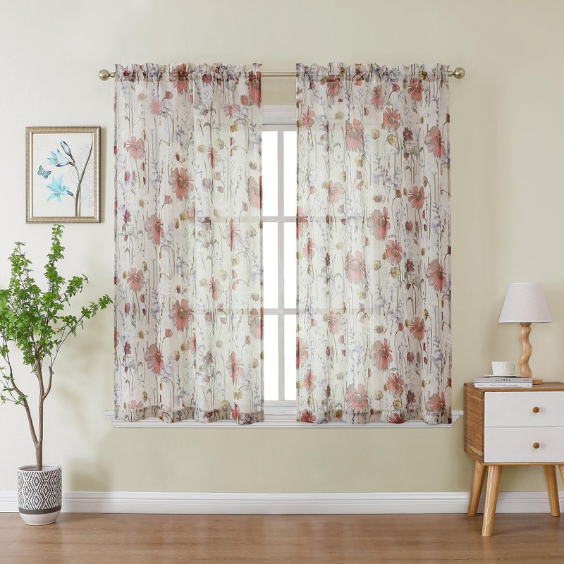 OWENIE Crushed Kitchen Window Curtains 45 Inches Length 2 Panels, Elegant Farmhouse Printed Short Semi Sheer Curtains for Cafe Bathroom Bedroom, Light Filtering Rod Pocket Curtain, 42Wx45L inch - Image 1