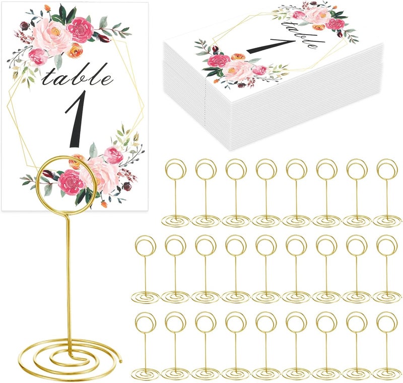 LeeLoon 26 PCS Table Number Holder - Table Card Holder Stand Wire Photo Holder with 26 Pcs Floral Table Number Cards, Place Card Holder Stand for Weddings Party Office Paper Memo Menu Note Clips - Image 1