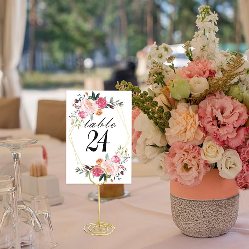 LeeLoon 26 PCS Table Number Holder - Table Card Holder Stand Wire Photo Holder with 26 Pcs Floral Table Number Cards, Place Card Holder Stand for Weddings Party Office Paper Memo Menu Note Clips - Image 2