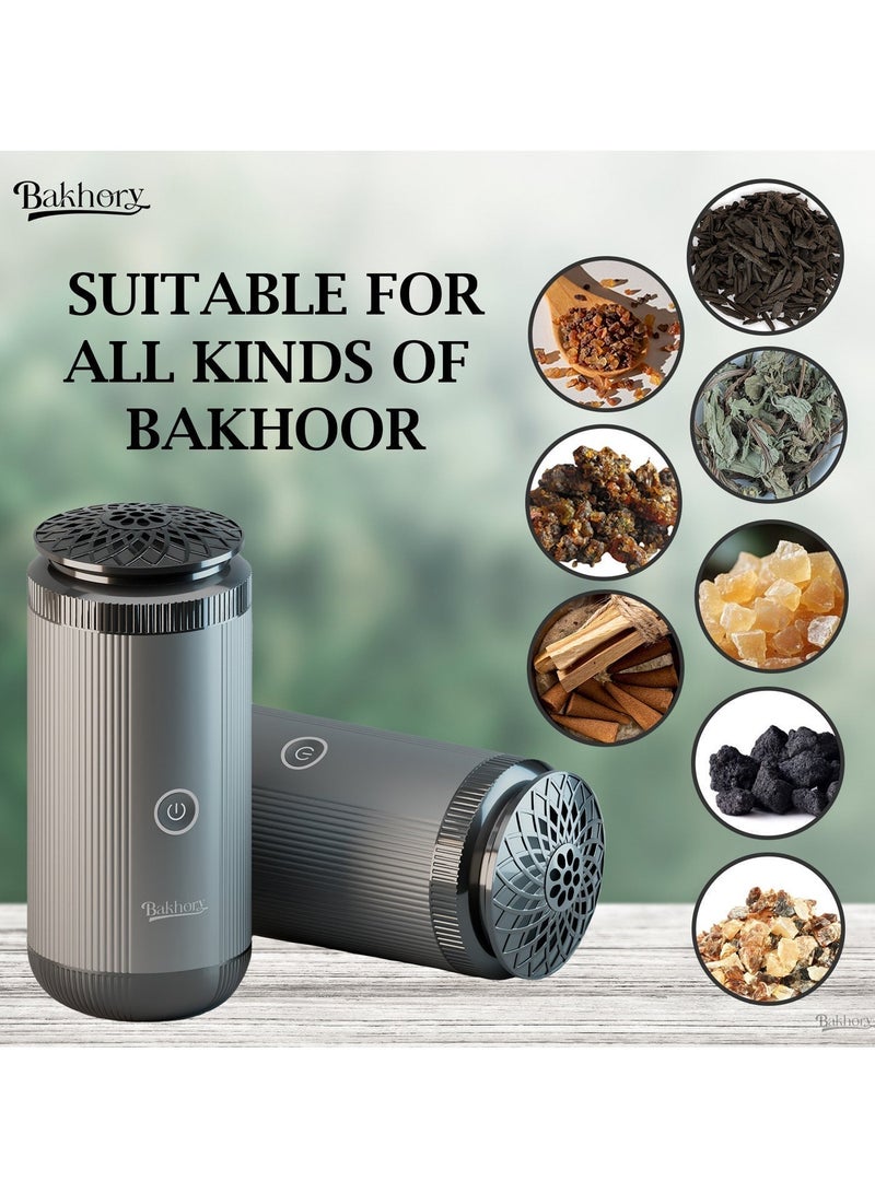 Bakhory Oud Electric USB Bakhoor Burner, Premium Burner for Home, Office and Car, Long Battery Life, Type C Fast Charge, Grey - Image 2