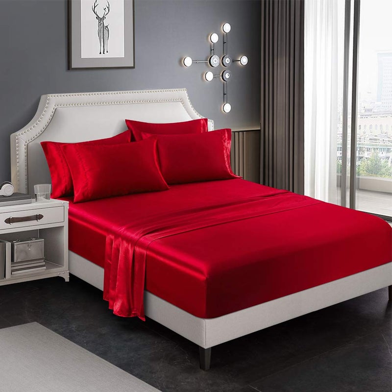AiMay 6 Piece Satin Bedding Sheet Pillowcase Sets Deep Pocket Luxury Rich Silk Silky Super Soft Solid Color Sexy Honeymoon StainResistant Wrinkle Free California King Wine Red