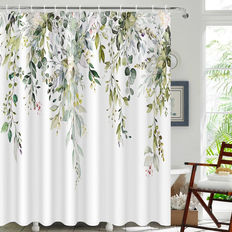 Nuseiis Long Sage Green Shower Curtains 72 x 78  Fabric Long Eucalyptus Leaves Shower Curtain Sets  Watercolor Floral Plant Bathroom Decor with Hooks