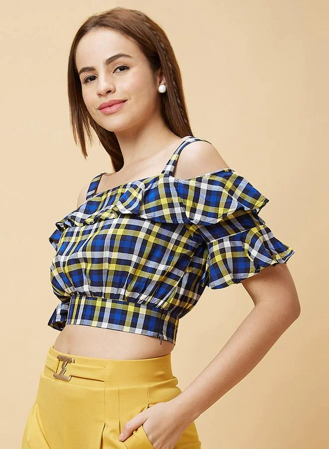 globus Checked Off Shoulder Ruffled Crop Top