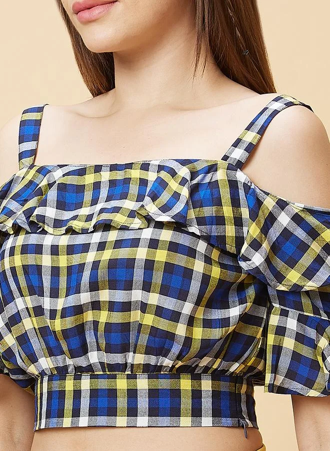 globus Checked Off Shoulder Ruffled Crop Top