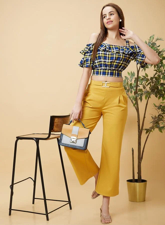 globus Checked Off Shoulder Ruffled Crop Top