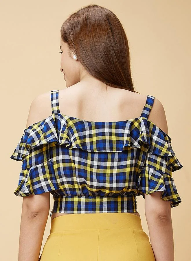 globus Checked Off Shoulder Ruffled Crop Top
