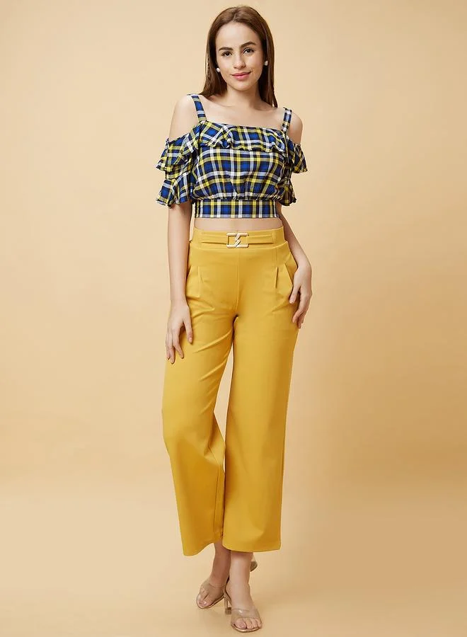 globus Checked Off Shoulder Ruffled Crop Top