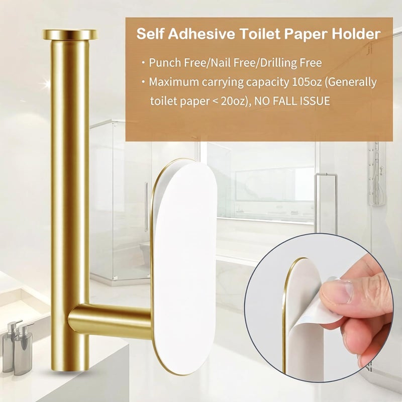JOPOFI Toilet Paper Holder - Self Adhesive Toilet Paper Holder Wall Mount for Bathroom, SUS 304 Stainless Steel Command Strip Toilet Paper Roll Holder Stick On Wall, No Drilling - Brushed Gold - Image 4