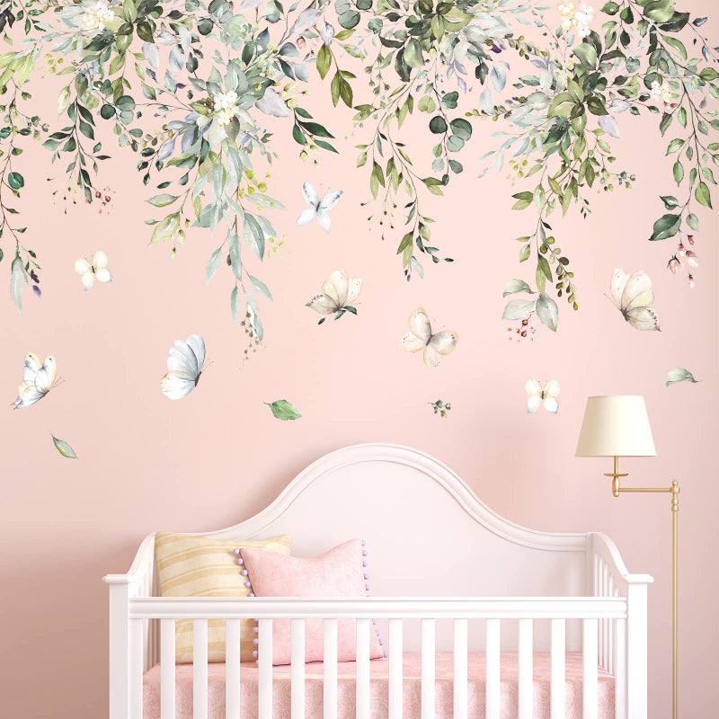 LiveGallery Hanging Green Leaves Wall Decals Elegant Plants Wall Stickers DIY Vinyl Peel and Stick Butterfly and Leaf Wall Art Murals for Kids Girls Bedroom Living Room Offices Nursery Closet Ceiling Vertex Line (B) - Image 1