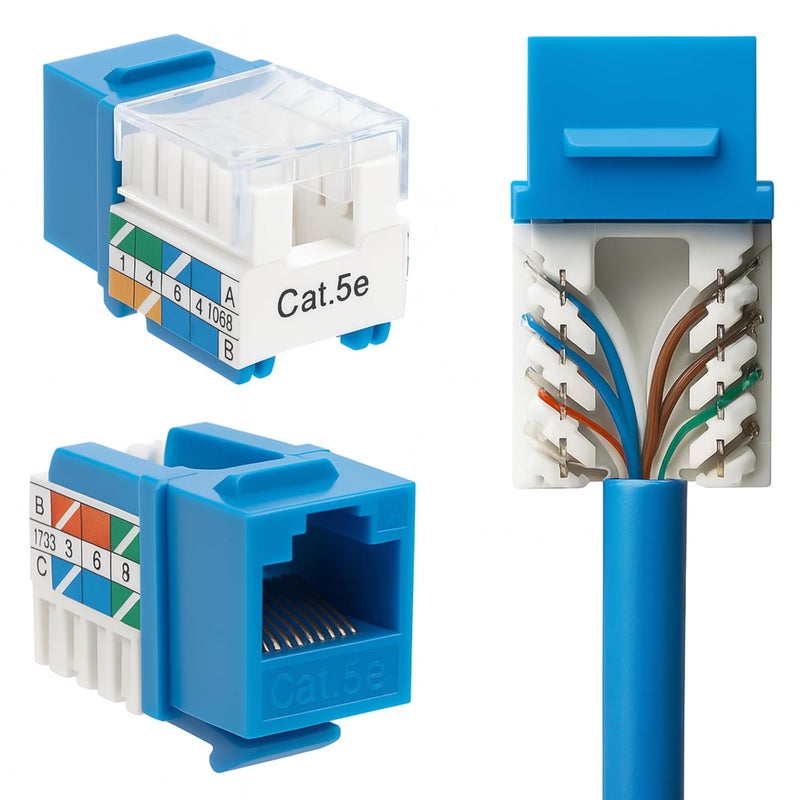 SATMAXIMUM Cat5e Keystone Ethernet Wall Jack Punch Down UTP 45-Degree (Easier Termination Than 90-Degree), RJ45 Slim Profile Speed Termination 45° Angled Blue (5 Pack) - Image 1