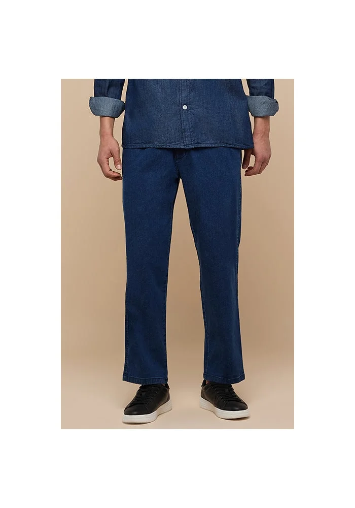 Washed Straight Denim Pants with Elastic Waist
