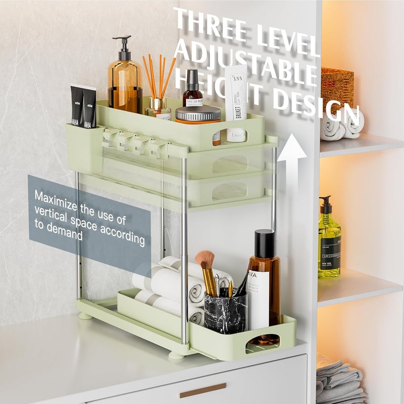 VERIFOST Under Sink Organizer, 2 Pack Under Kitchen Bathroom Cabinet Organizer, 2 Tier Under Bathroom Kitchen Sink Organizer, Adjustable Height Bathroom Kitchen Cabinet Organizers and Storage, Green - Image 4