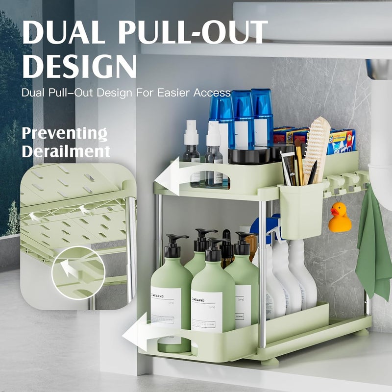 VERIFOST Under Sink Organizer, 2 Pack Under Kitchen Bathroom Cabinet Organizer, 2 Tier Under Bathroom Kitchen Sink Organizer, Adjustable Height Bathroom Kitchen Cabinet Organizers and Storage, Green - Image 3