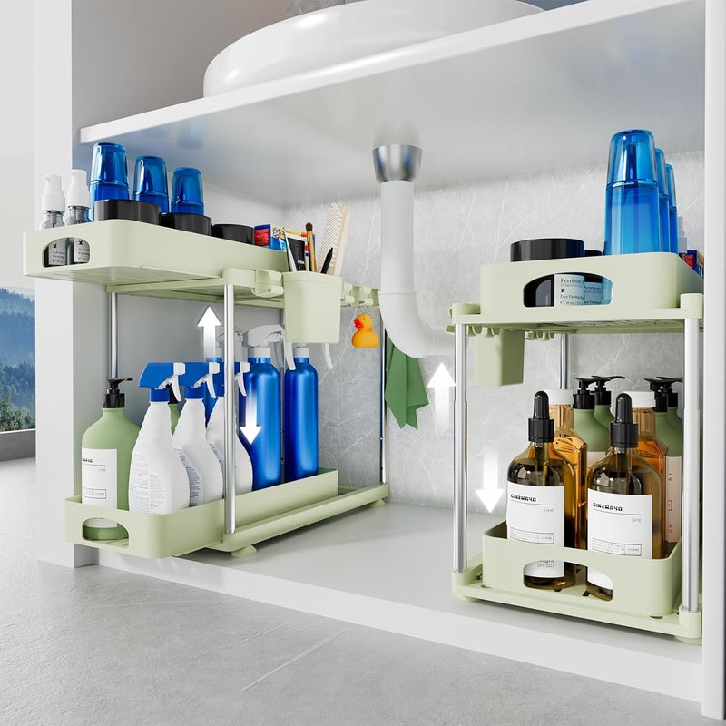 VERIFOST Under Sink Organizer, 2 Pack Under Kitchen Bathroom Cabinet Organizer, 2 Tier Under Bathroom Kitchen Sink Organizer, Adjustable Height Bathroom Kitchen Cabinet Organizers and Storage, Green - Image 1