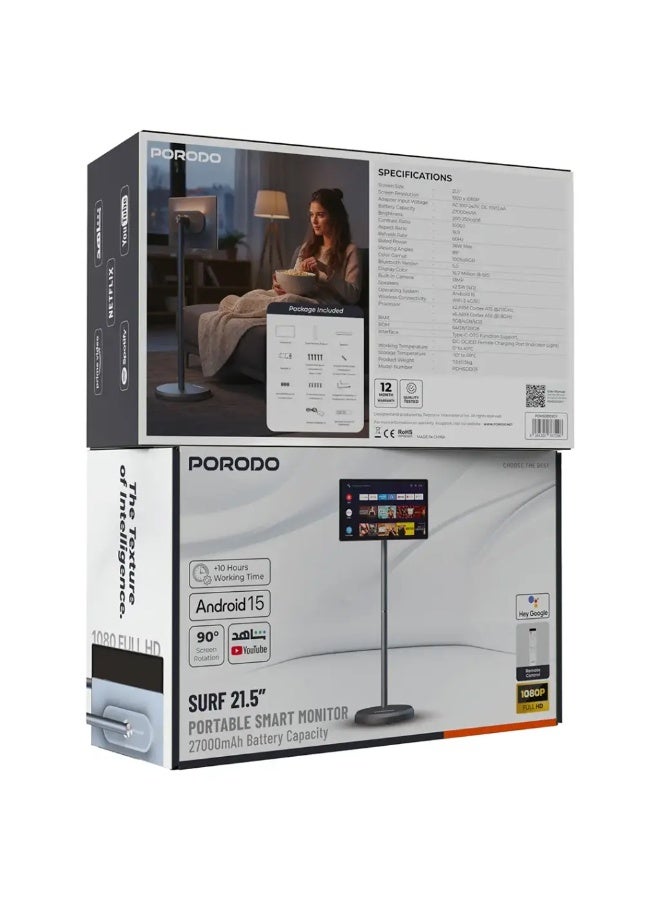 Porodo Surf 21.5" Portable Smart Monitor with 27000mAh Battery Capacity - Gray - Image 4