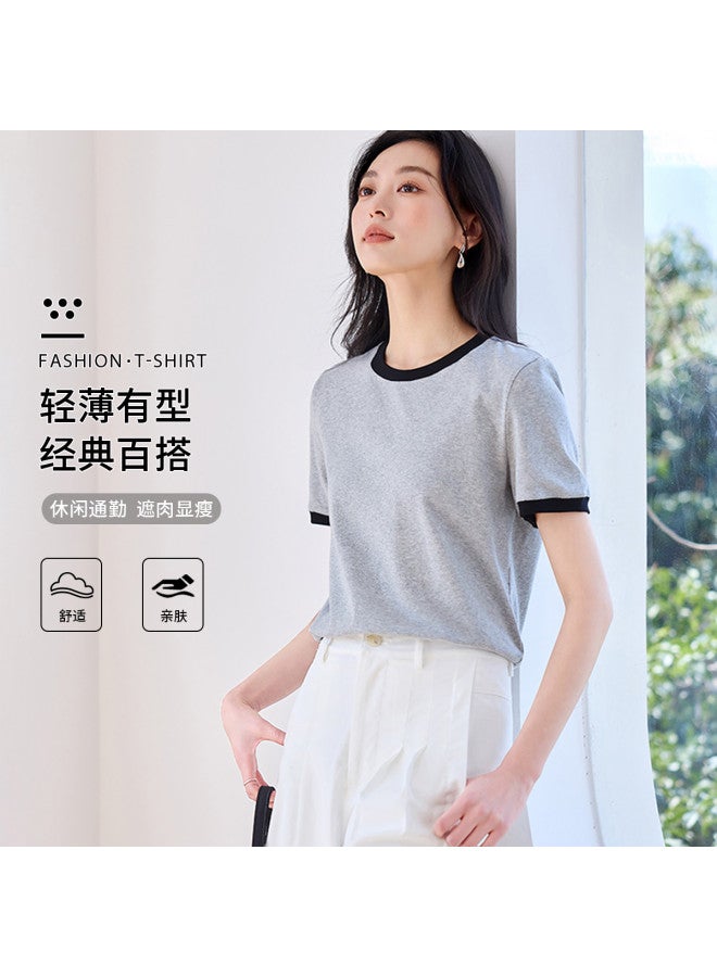 Hstyle Commuting Color Block Round Neck Short Sleeve T-shirt For Women - 2025 Summer Versatile Slimming Loose Fit Regular Shoulder Basic Top - Image 2