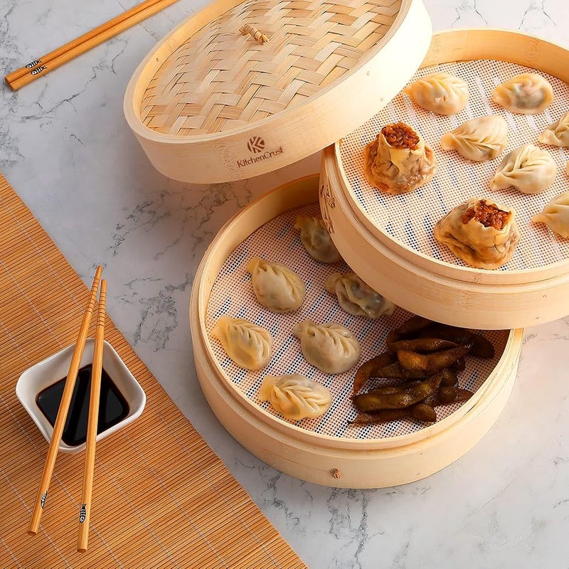 KitchenCrust KITCHEN CRUST Full Set Bamboo Steamer for Authentic Chinese Asian Cuisine - 2 Tier 10-Inch Steam Basket Bun Steamer, Sauce Dish, 2x Pair Chopsticks, 2x Reusable Liners - Image 5
