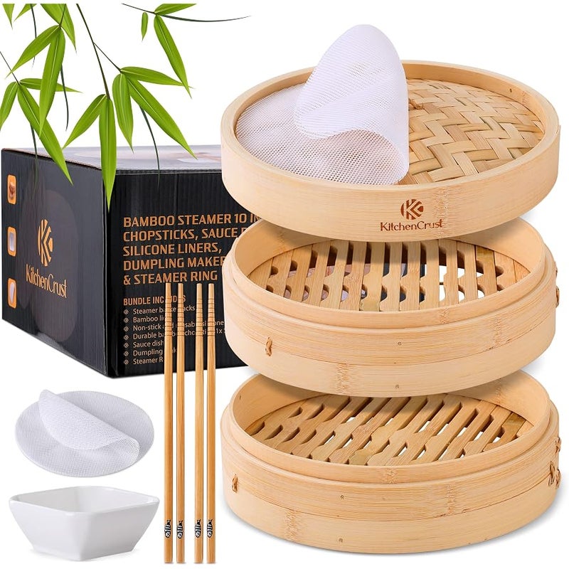 KitchenCrust KITCHEN CRUST Full Set Bamboo Steamer for Authentic Chinese Asian Cuisine - 2 Tier 10-Inch Steam Basket Bun Steamer, Sauce Dish, 2x Pair Chopsticks, 2x Reusable Liners - Image 1