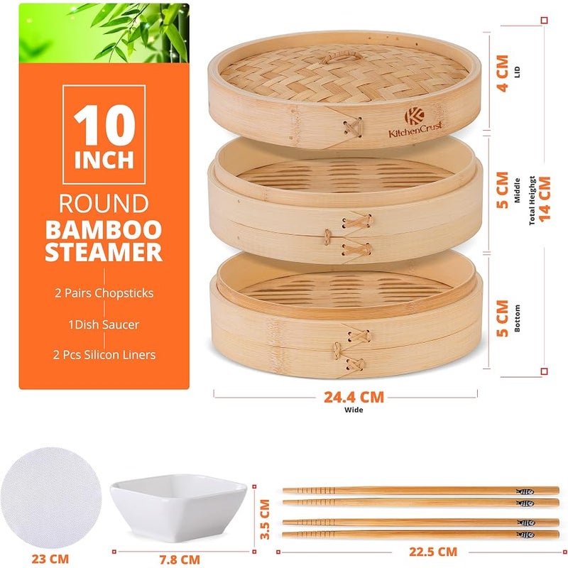 KitchenCrust KITCHEN CRUST Full Set Bamboo Steamer for Authentic Chinese Asian Cuisine - 2 Tier 10-Inch Steam Basket Bun Steamer, Sauce Dish, 2x Pair Chopsticks, 2x Reusable Liners - Image 2