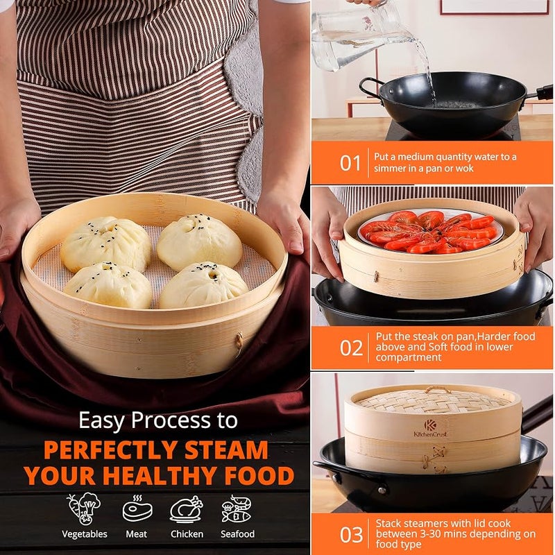 KitchenCrust KITCHEN CRUST Full Set Bamboo Steamer for Authentic Chinese Asian Cuisine - 2 Tier 10-Inch Steam Basket Bun Steamer, Sauce Dish, 2x Pair Chopsticks, 2x Reusable Liners - Image 4