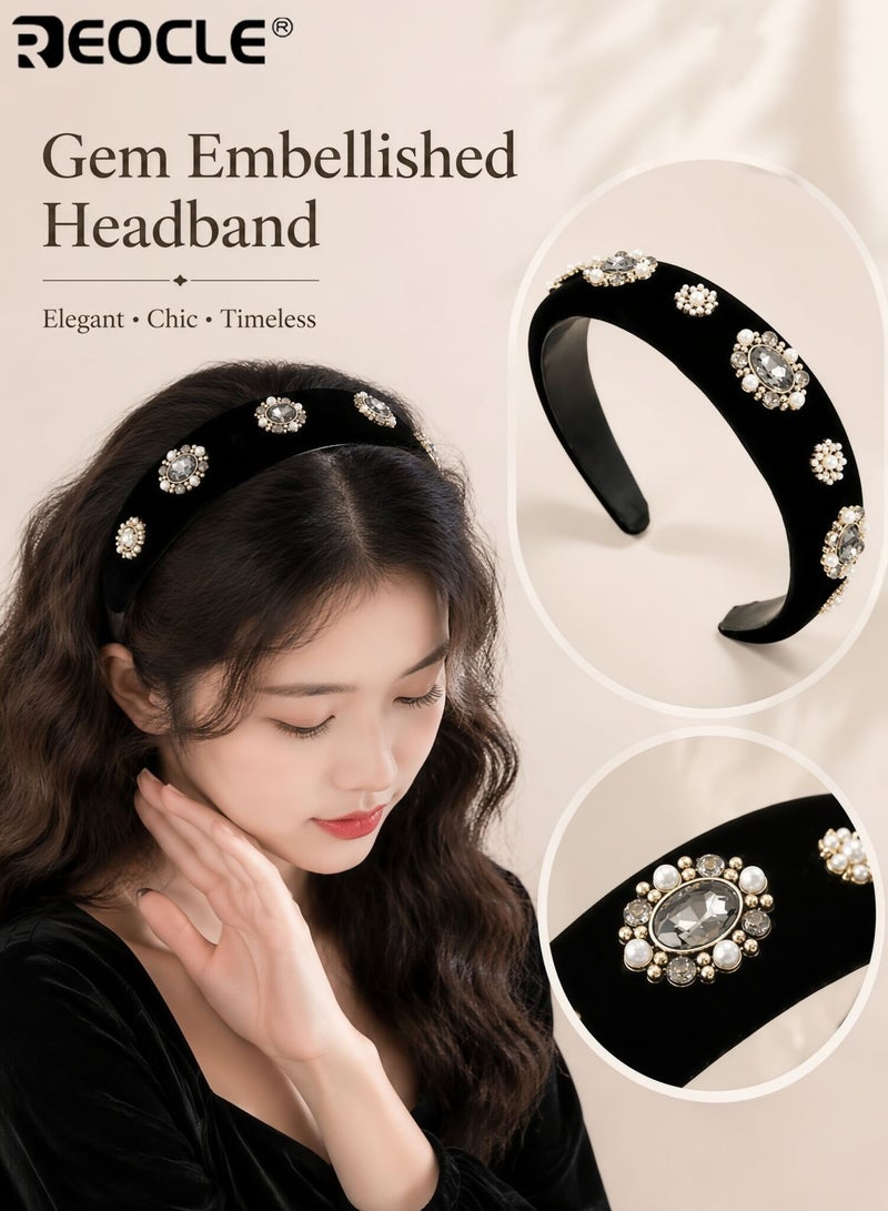 REOCLE Women's Padded Velvet Headband Rhinestone-Embellished Hair Hoop Wide Fashion Hair Accessory for Daily Styling Casual Outings and Special Occasions - Image 1