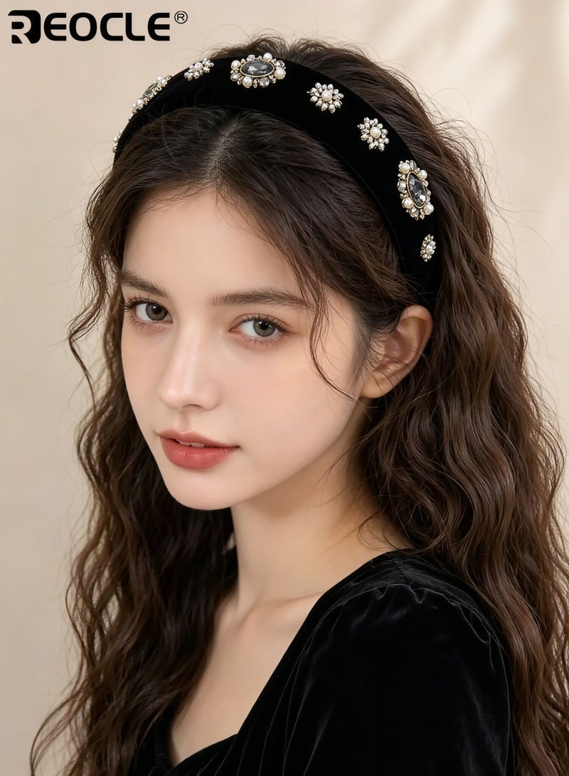 REOCLE Women's Padded Velvet Headband Rhinestone-Embellished Hair Hoop Wide Fashion Hair Accessory for Daily Styling Casual Outings and Special Occasions - Image 4