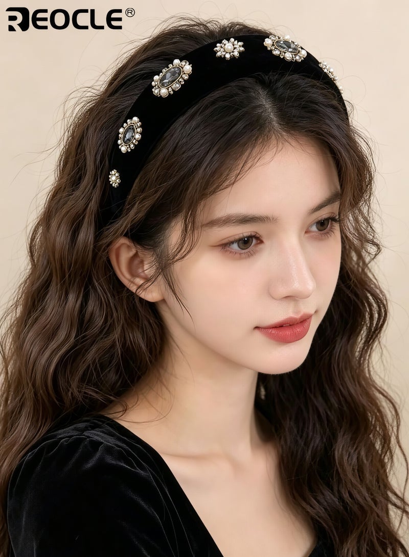 REOCLE Women's Padded Velvet Headband Rhinestone-Embellished Hair Hoop Wide Fashion Hair Accessory for Daily Styling Casual Outings and Special Occasions - Image 2