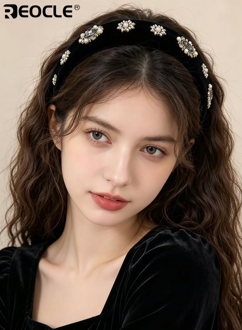 REOCLE Women's Padded Velvet Headband Rhinestone-Embellished Hair Hoop Wide Fashion Hair Accessory for Daily Styling Casual Outings and Special Occasions - Image 3