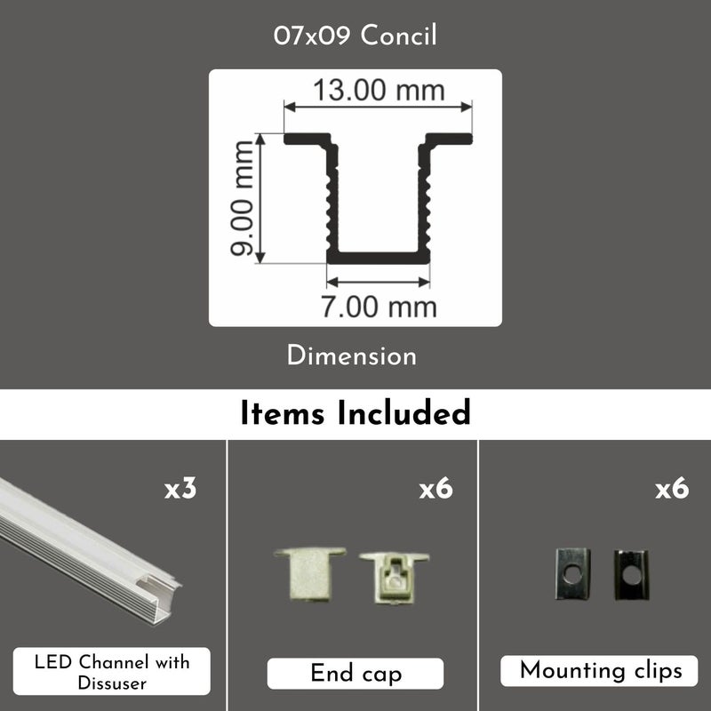 ABAJ قنوات إضاءة LED مستطيلة من الألمنيوم 1 متر مع غطاء م diffused وأغطية نهائية لمصابيح LED 07x09 مم عبوة من 3 - Image 2