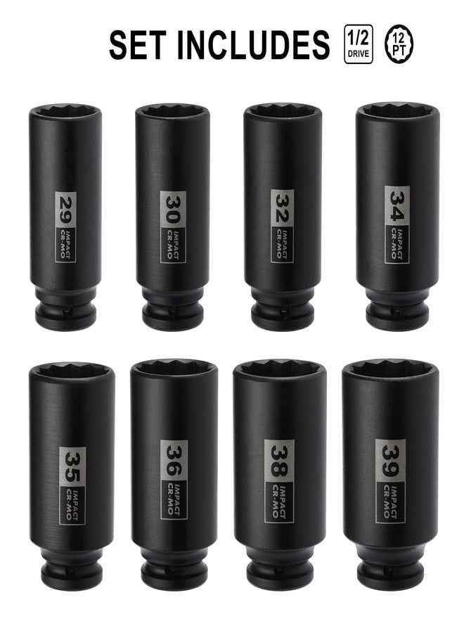 Mayouko 8PCS 1/2" Deep Axle Nut Impact Socket Set, CR-MO, 12 Point Design, Metric, 29,30,32,34,35,36,38,39mm, 1/2 Inch Extra Deep Impact Socket - Image 2