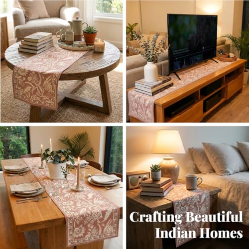 Peepul Tree Handmade Table Runner-4 Seater| Cotton Canvas Fabric Table Runner for Coffee & Centre Table | Non-Slippery | Heat-Resistant |12" x 60"Inch | Peach | Home Decor Gift Items - Image 3