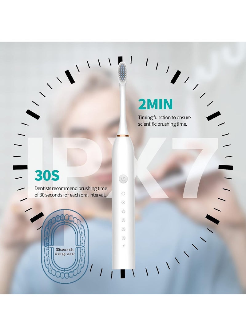 ياكيتر فرشاة أسنان كهربائية سونيك ، فرشاة أسنان بالموجات فوق الصوتية قابلة لإعادة الشحن USB مع 4 رؤوس فرشاة 6 أوضاع تنظيف ومؤقت ذكي IPX7 فرشاة أسنان مقاومة للماء للبالغين والأطفال (أبيض) - Image 4
