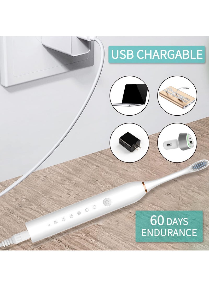 ياكيتر فرشاة أسنان كهربائية سونيك ، فرشاة أسنان بالموجات فوق الصوتية قابلة لإعادة الشحن USB مع 4 رؤوس فرشاة 6 أوضاع تنظيف ومؤقت ذكي IPX7 فرشاة أسنان مقاومة للماء للبالغين والأطفال (أبيض) - Image 5