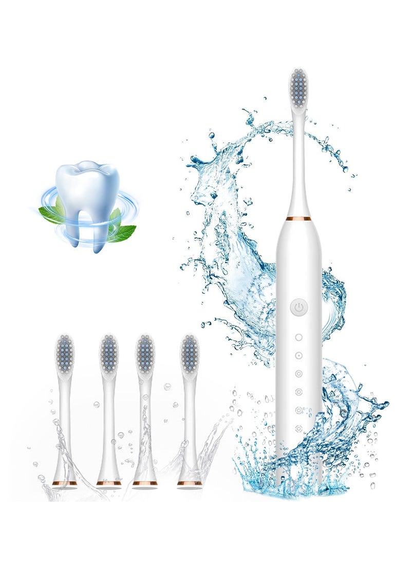 ياكيتر فرشاة أسنان كهربائية سونيك ، فرشاة أسنان بالموجات فوق الصوتية قابلة لإعادة الشحن USB مع 4 رؤوس فرشاة 6 أوضاع تنظيف ومؤقت ذكي IPX7 فرشاة أسنان مقاومة للماء للبالغين والأطفال (أبيض) - Image 1